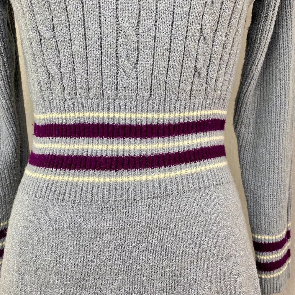 Vintage Gray Knit A-Line Knee Length Dress Med Turtleneck Long Sleeves Academia